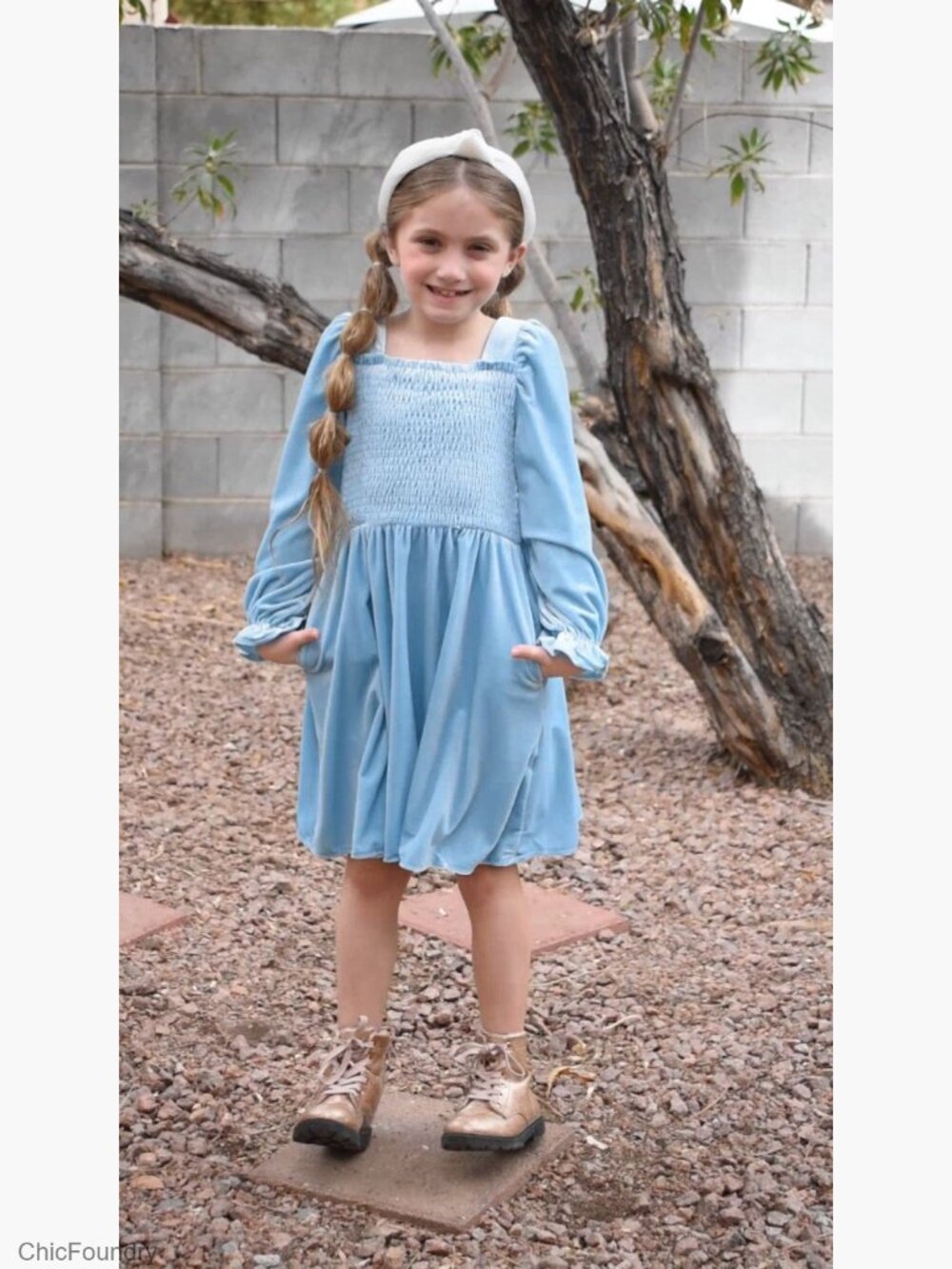 Toddler Velvet Dress Smocked Square Neck Puff Long Sleeve Party Dresses with - Picture 7 of 7